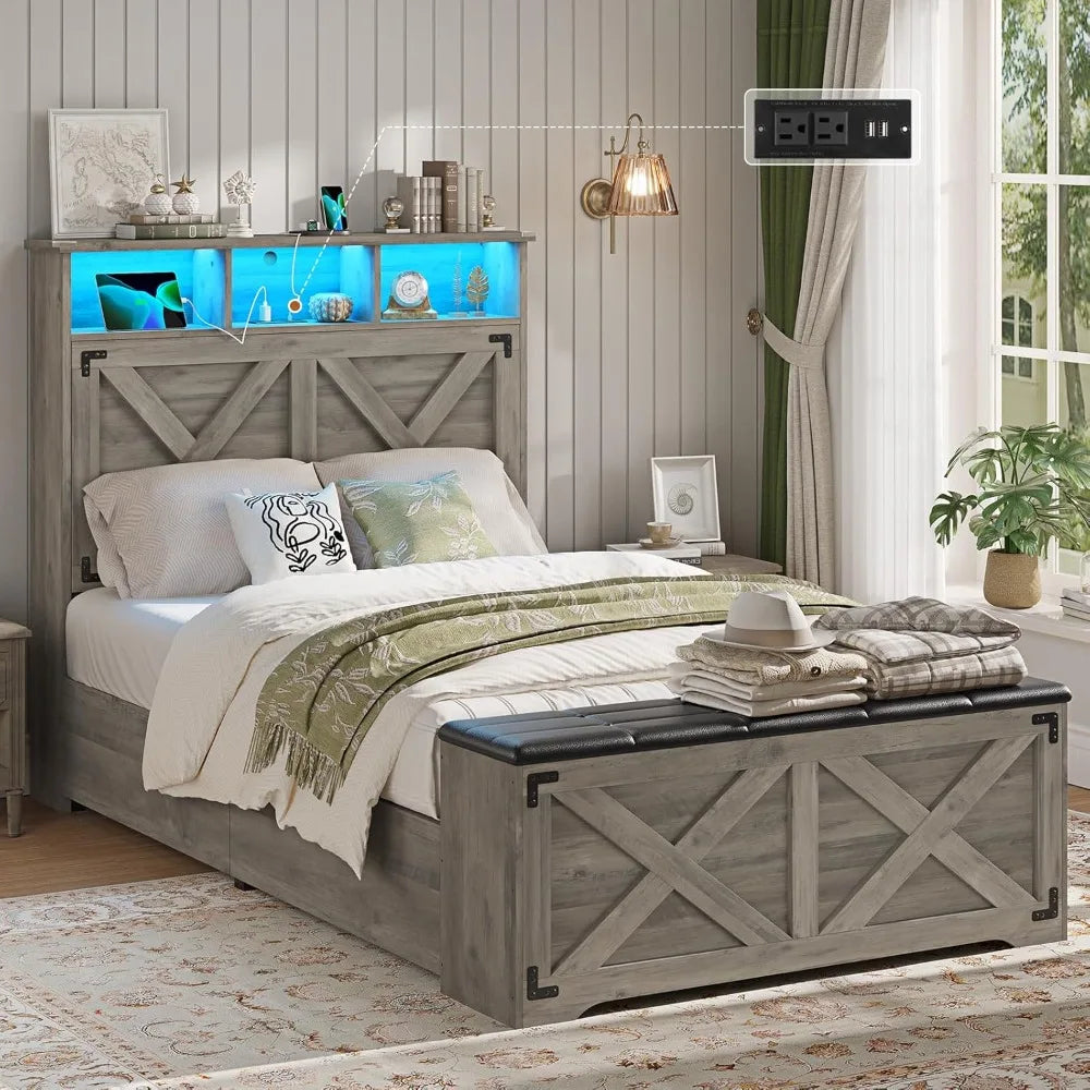 Farmhouse Twin Bed Frame with Storage Headboard, Charging Station, LED Lights & Ottoman - No Box Spring