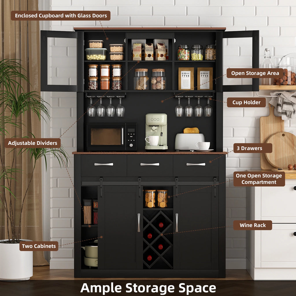 72" Tall Farmhouse Bar Cabinet with Sliding Barn Doors, & Wine & Glass Racks