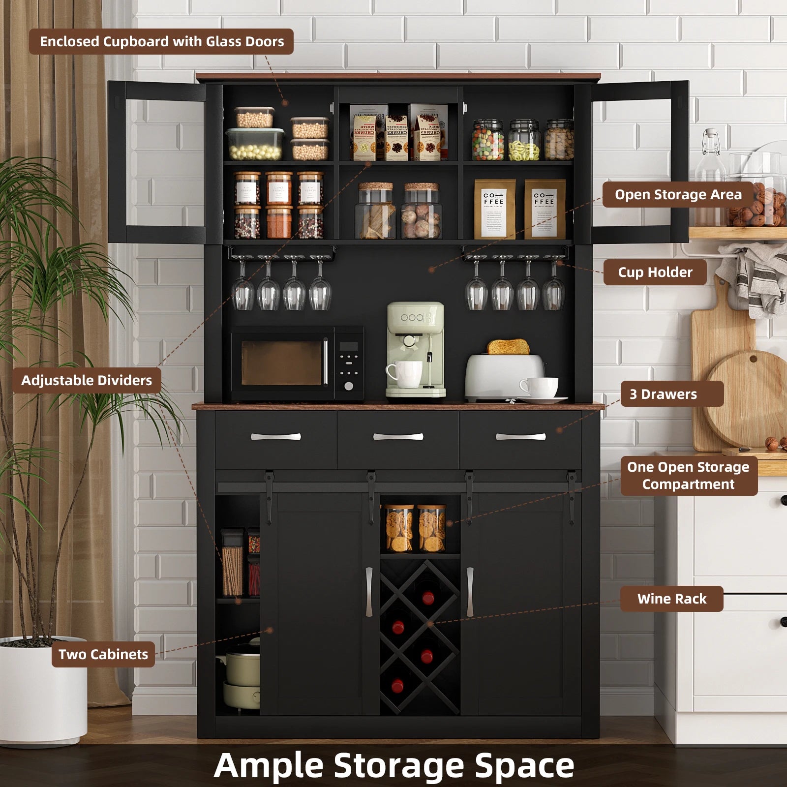 72" Tall Farmhouse Bar Cabinet with Sliding Barn Doors, & Wine & Glass Racks