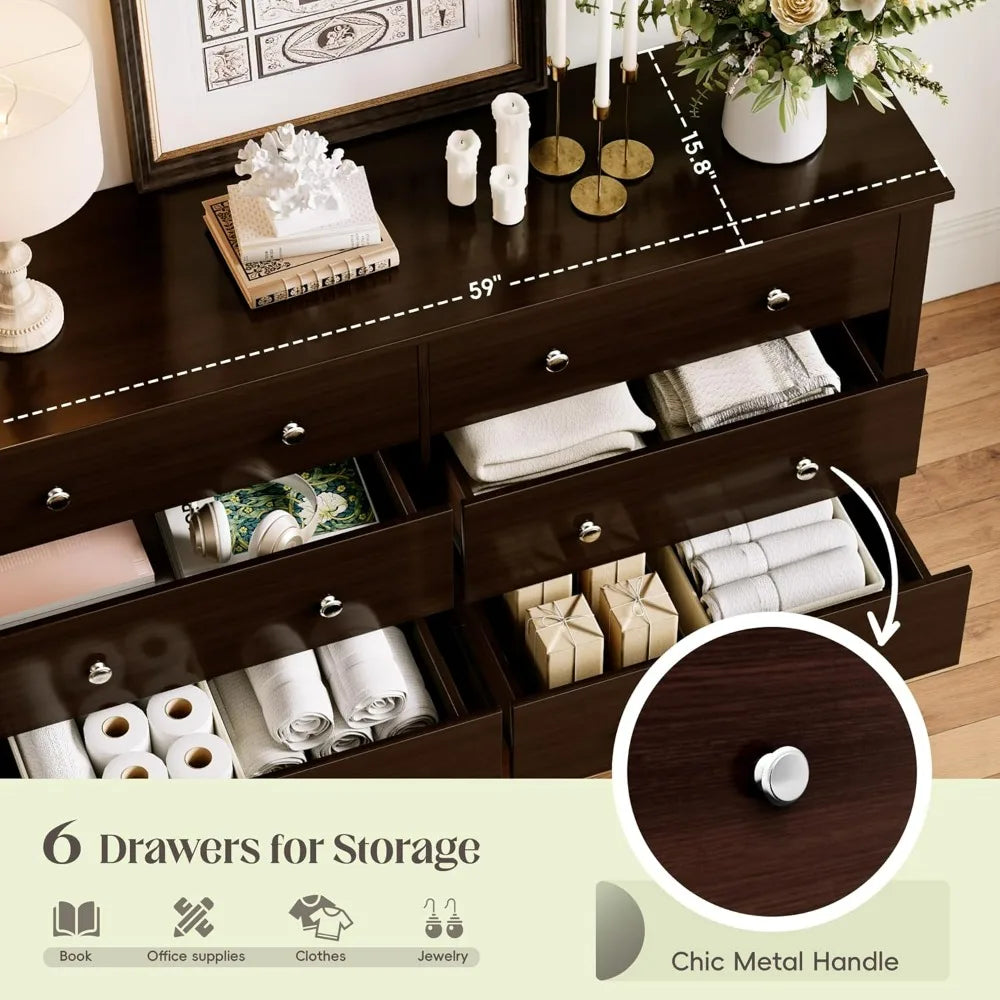 JUMMICO Dresser for Bedroom, 6 Wood Dresser Drawers, Wide Chest of Drawers, Storage Tower Unit Modern Design Bedroom Living Room