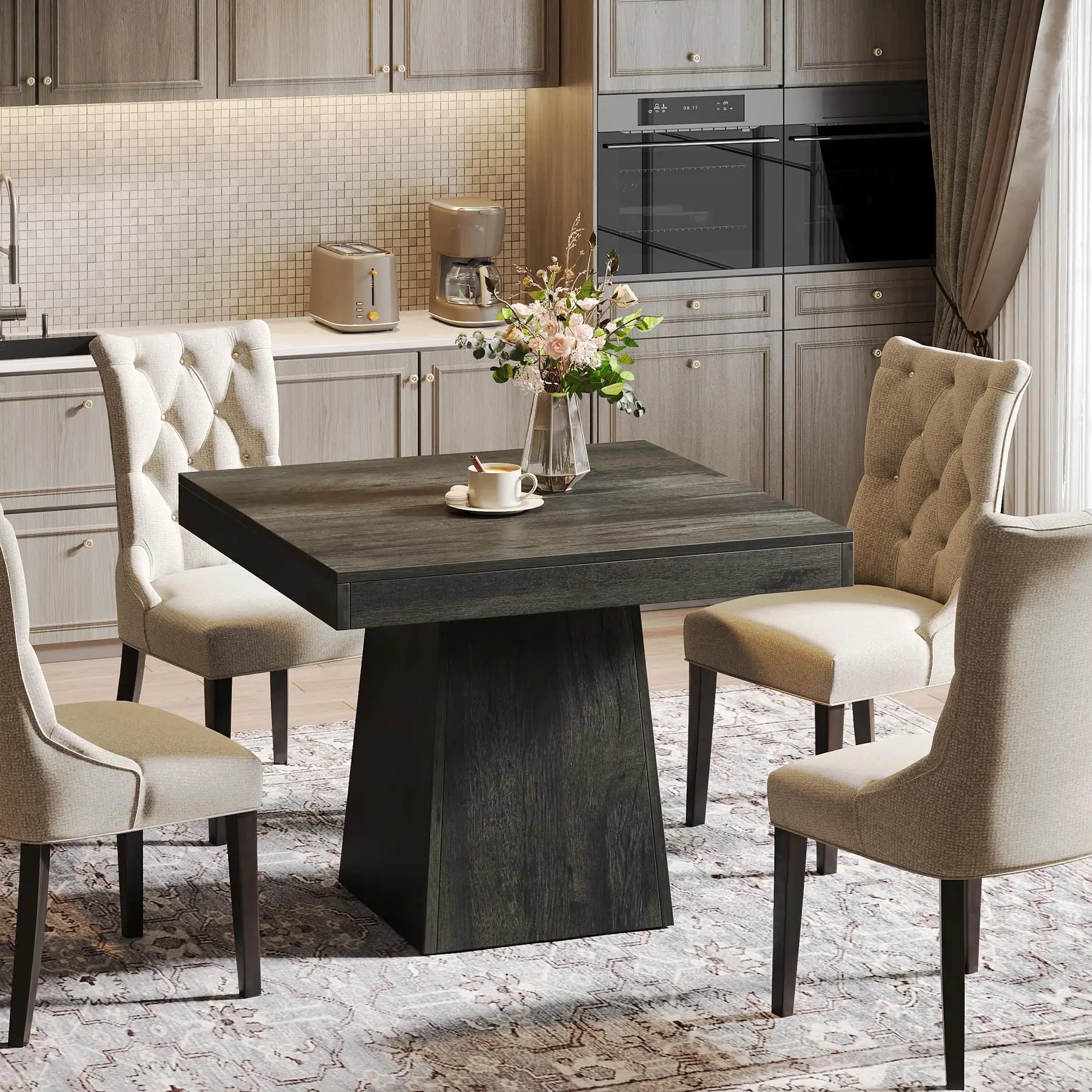 Square Dining Table with Sturdy Pedestal Base, Farmhouse Dining Room