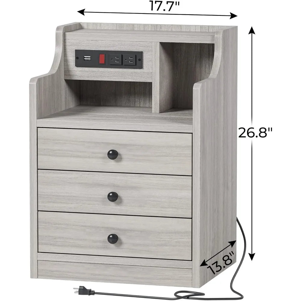 Nightstand with Charging Station & Storage Drawers,