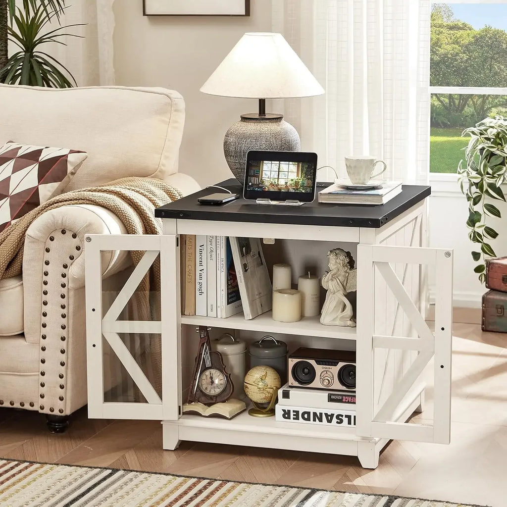 Farmhouse End Table Set 3, Narrow 18'' Night Stand with Glass Barn Door, 24" Square Side Table with Charger, Customized