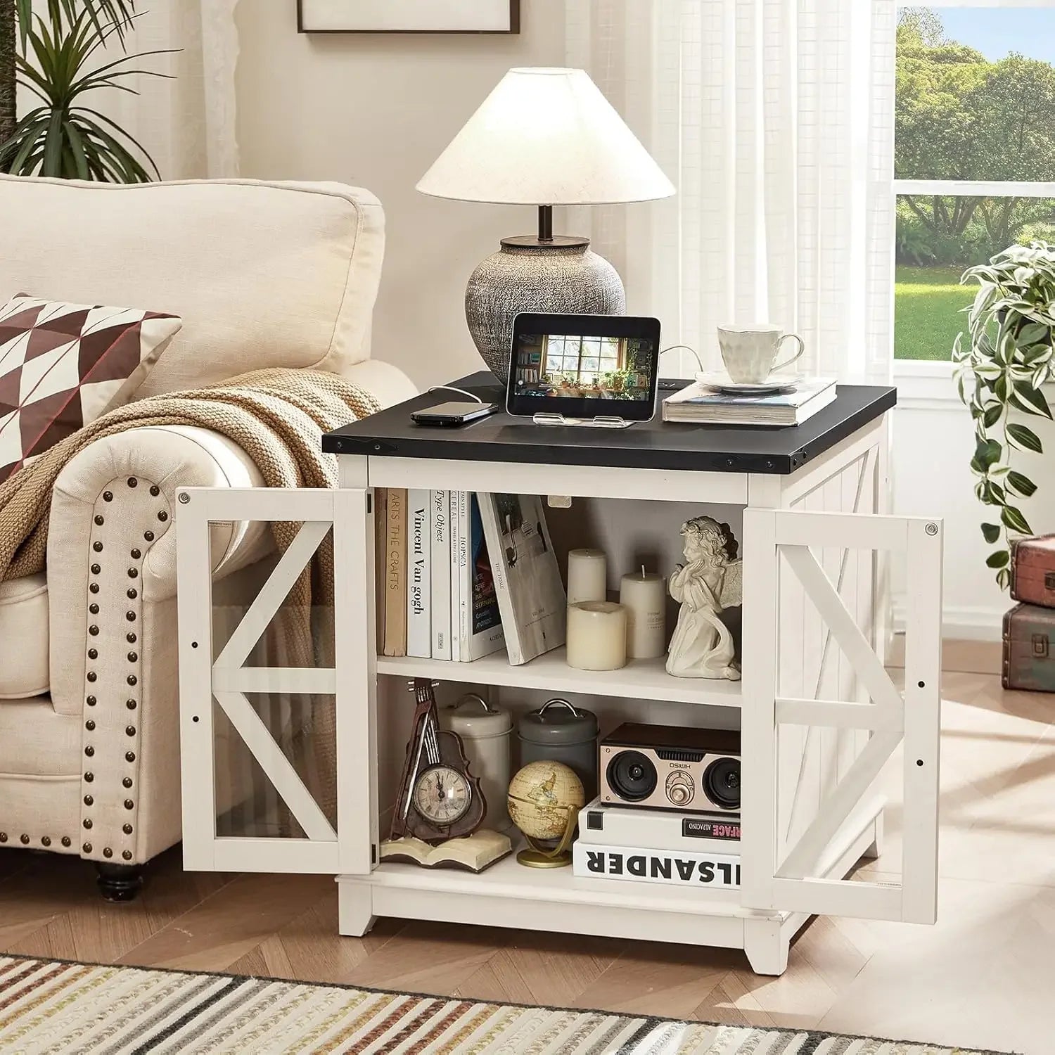 Farmhouse End Table Set 3, Narrow 18'' Night Stand with Glass Barn Door, 24" Square Side Table with Charger, Customized