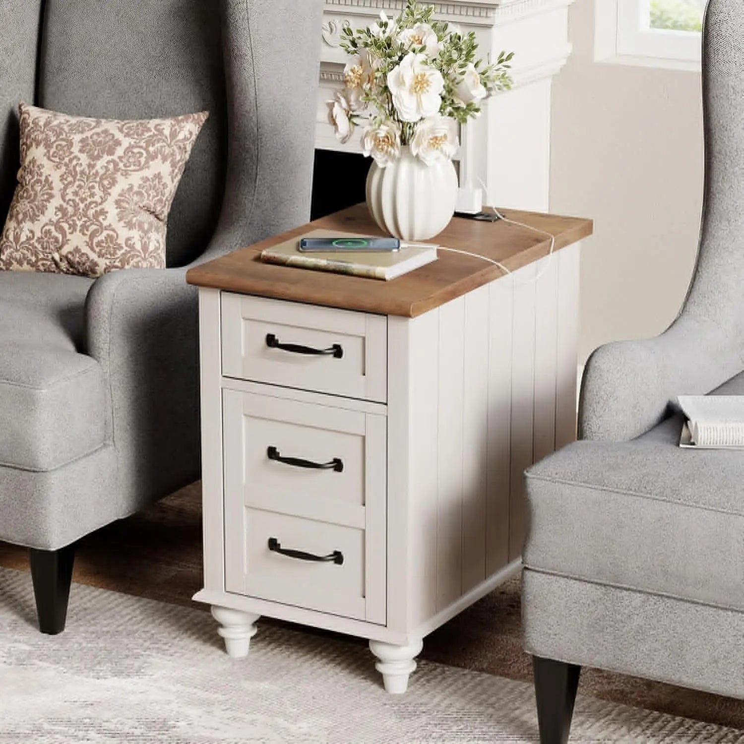 End Table with Charging Station, White Side Table with Storage Cabinet and Drawer, Wood Nightstand with Power Outlets & USB Port
