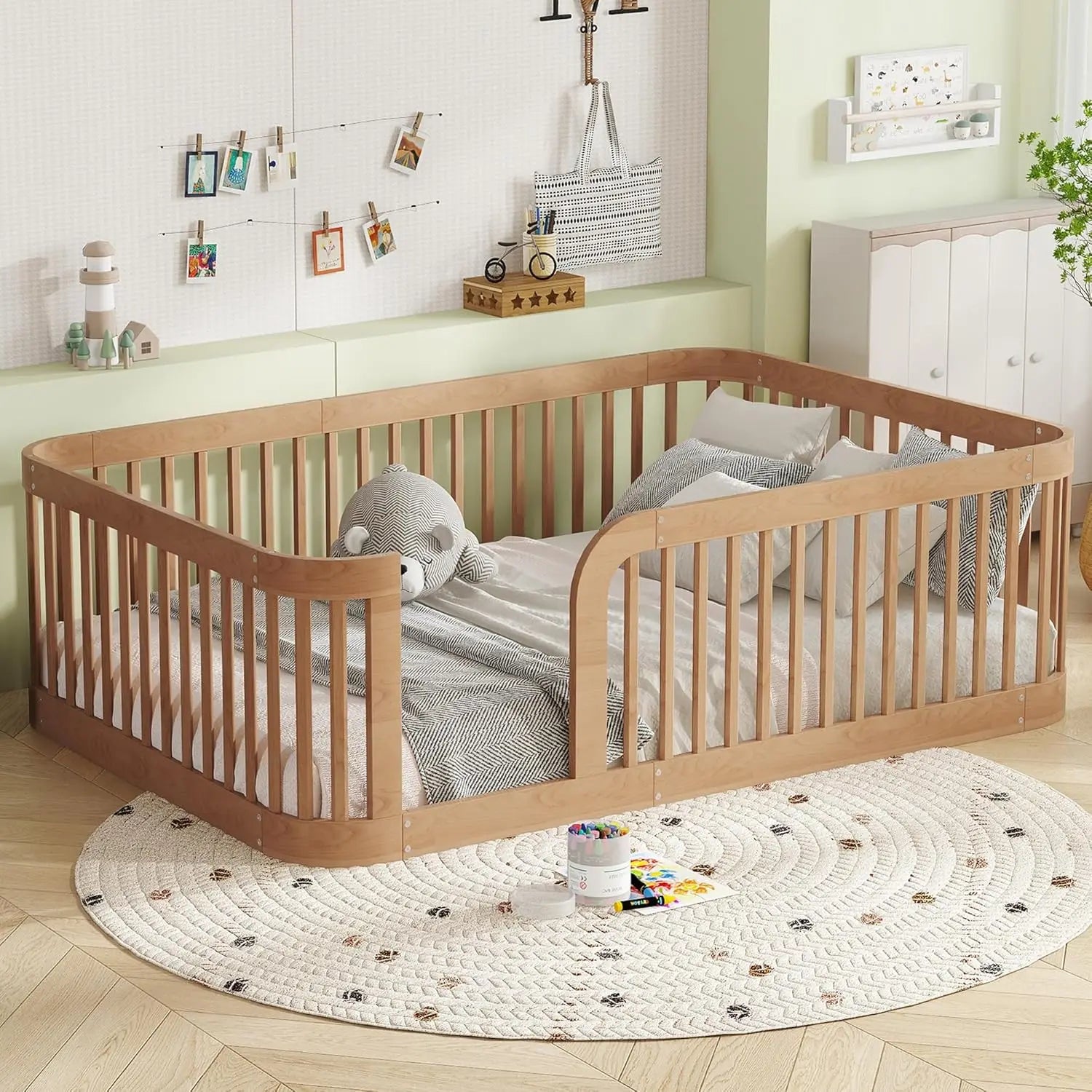 Full Size Kids Montessori Bed Frame with Stairs Bookshelf Drawers Storage Low Profile, Customized