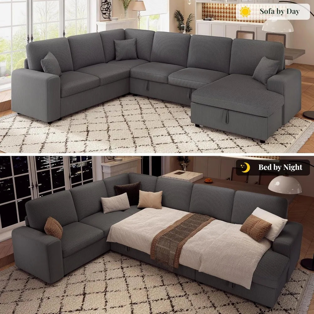130 Sofa Bed, Sleeper Sofa, Pull Out Sleeper Couch with Storage, Convertible 6-Seater Sofa Bed for Living Room, Cordur