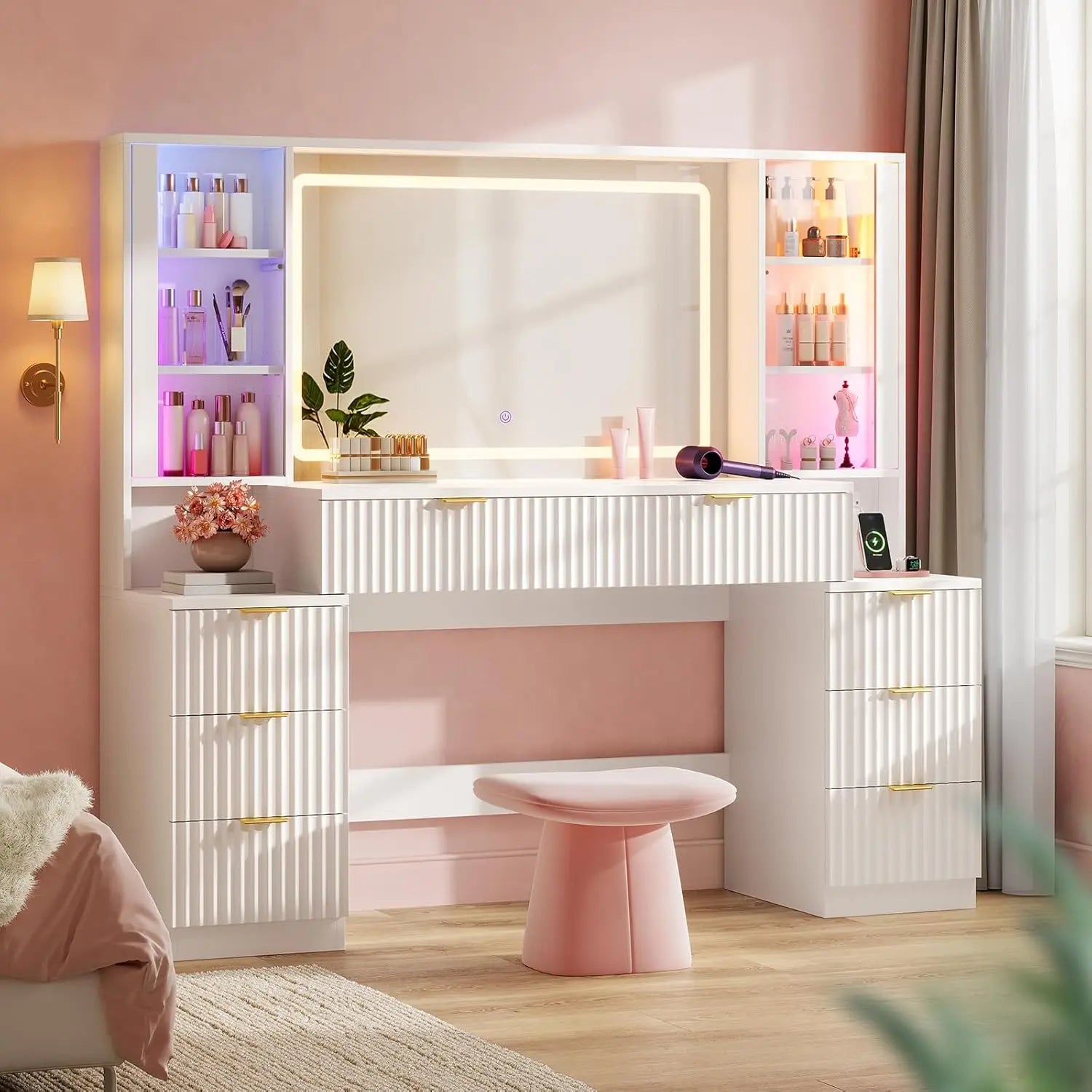 59.1" Fluted Wood Makeup Vanity Desk with Mirror and Sound Sync LED Lights