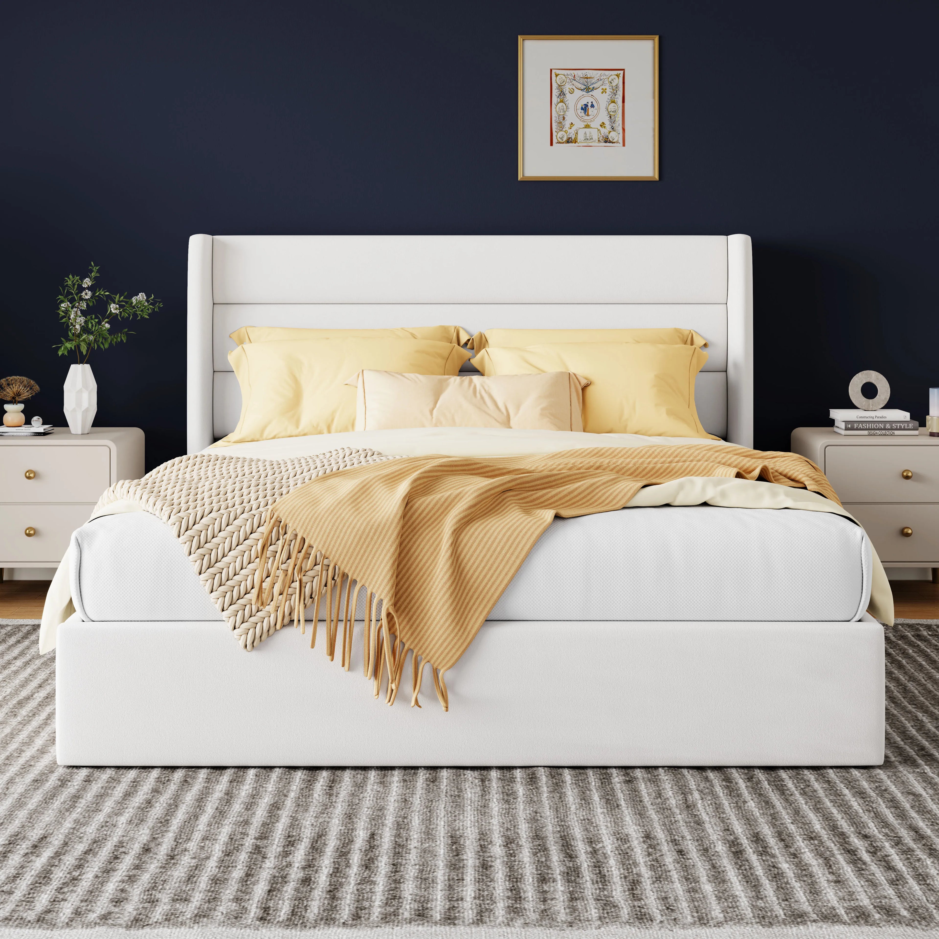 Lift Up Storage Bed with Wingback Headboard Large Underneath Storage