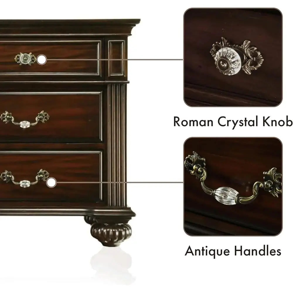 6-Piece Solid Wood Traditional Bedroom Set with Chest, Mirrored Dresser, 2 Nightstands, Requires Box Spring, Queen Size