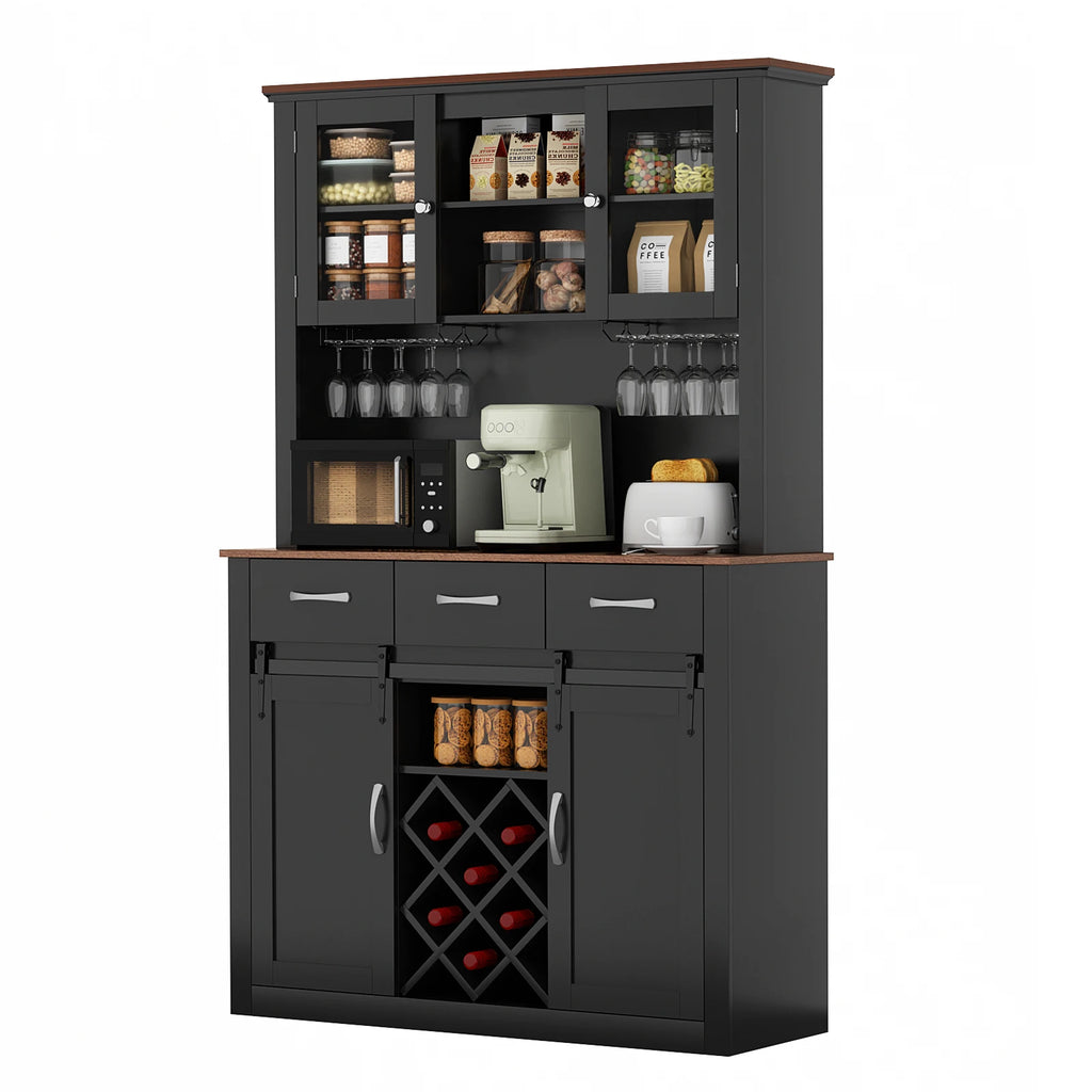 72" Tall Farmhouse Bar Cabinet with Sliding Barn Doors, & Wine & Glass Racks
