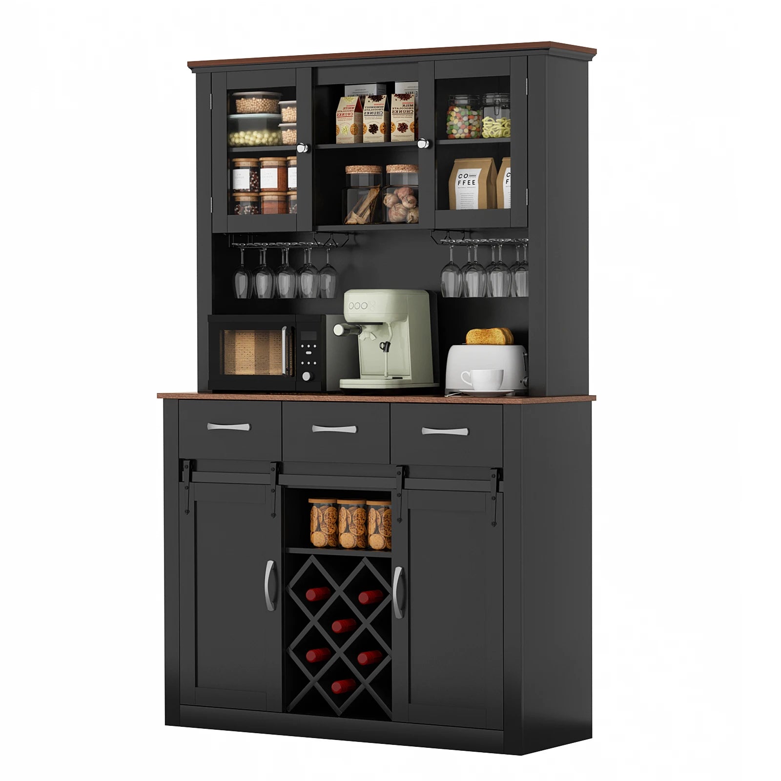 72" Tall Farmhouse Bar Cabinet with Sliding Barn Doors, & Wine & Glass Racks