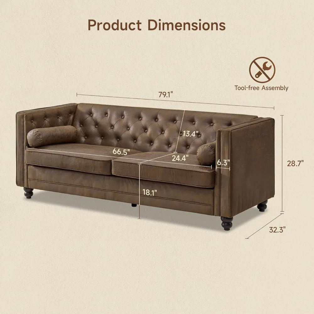 79'' Chesterfield Sofa, Faux Leather Button-Tufted Couch with Deep Seat