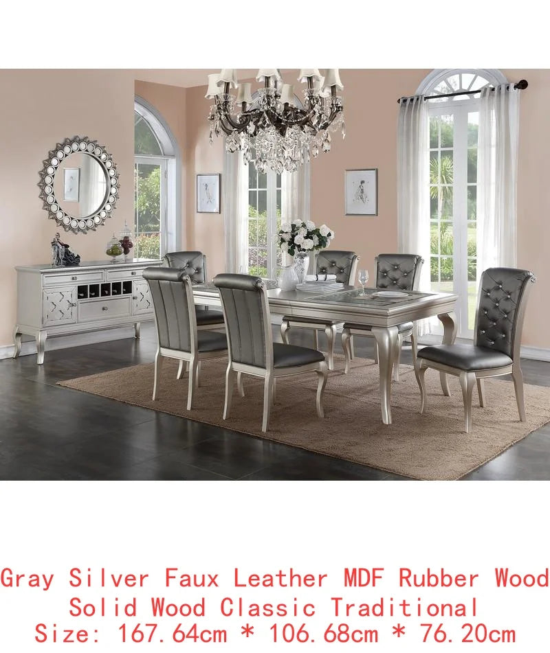 7pc Rect. Glass Dining Table Set w/ Silver Hue & 6 Tufted Side Chairs
