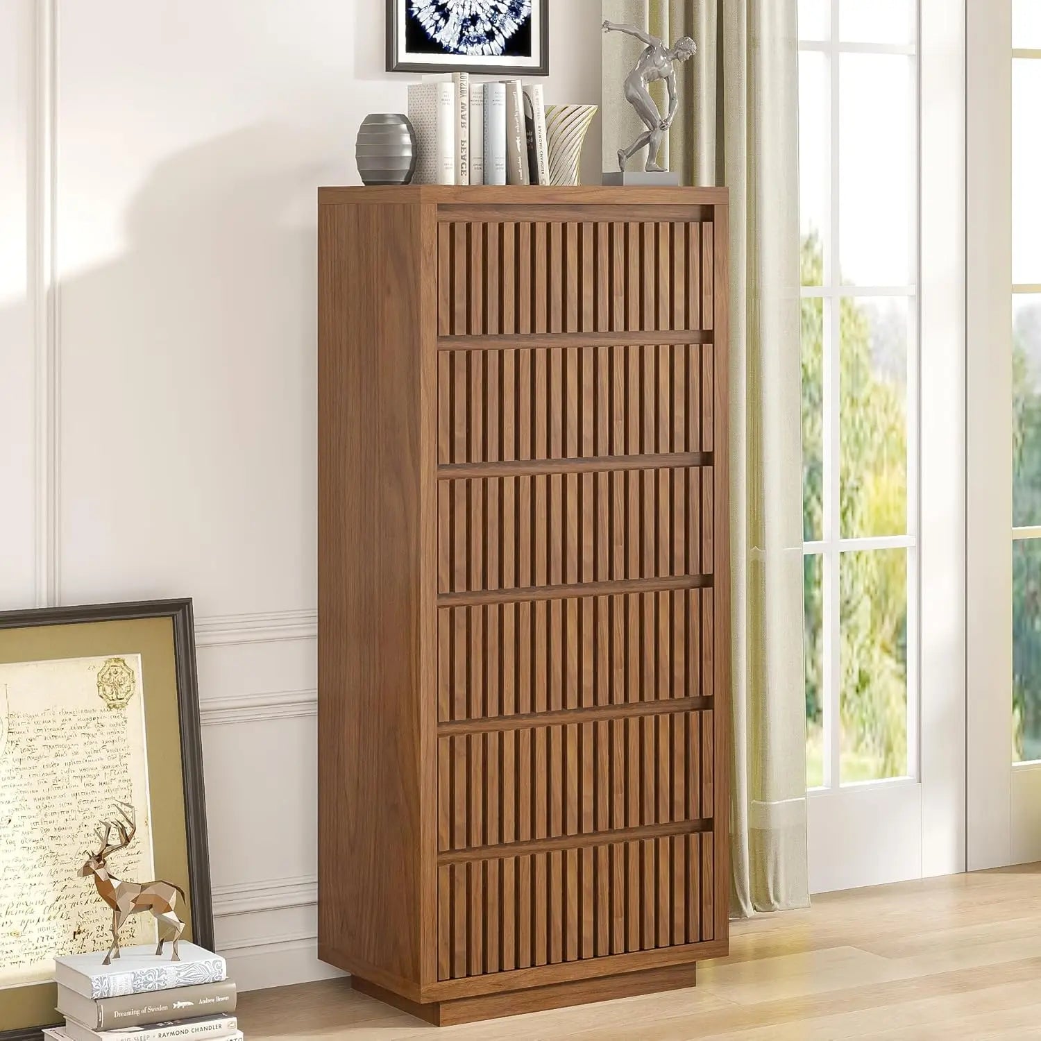 Fluted 9 Drawer Dresser for Bedroom, 58" Wide Vintage Chest of Drawers