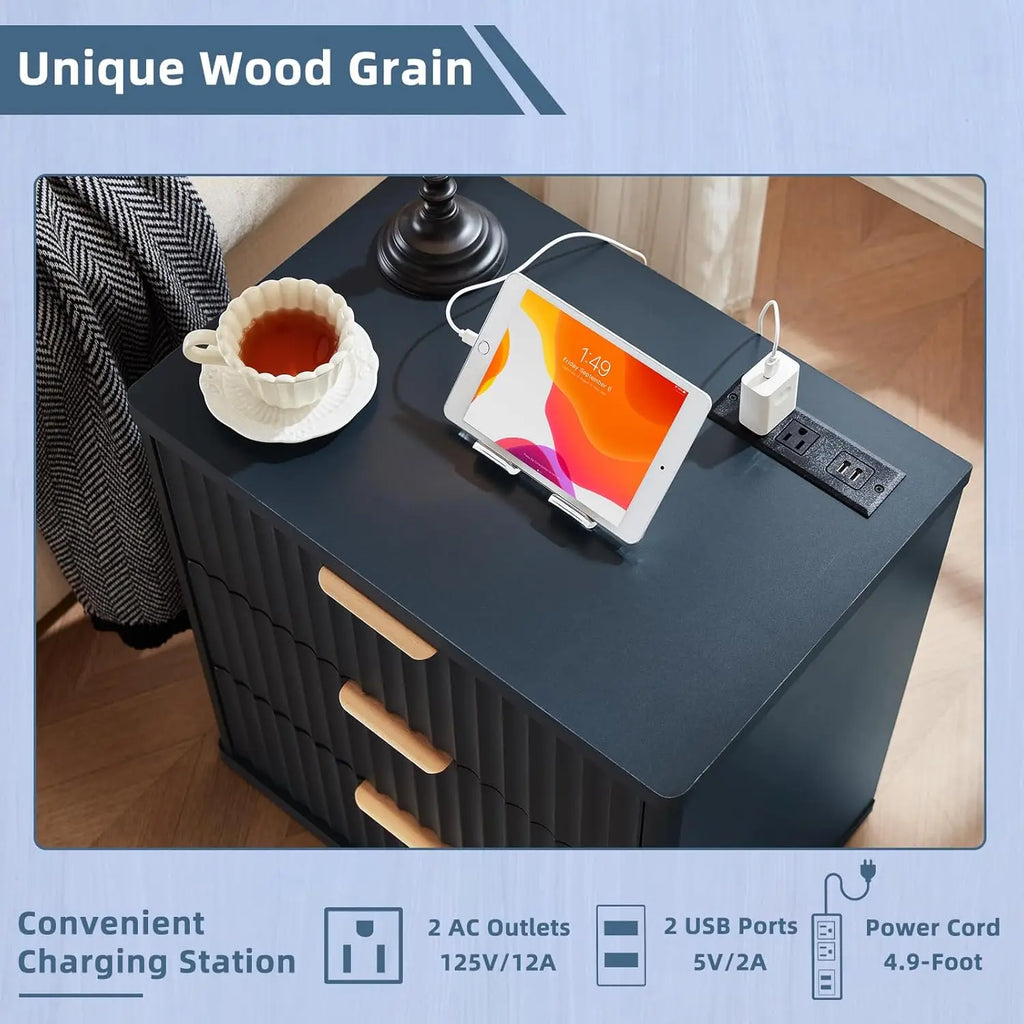 23" Wide Fluted Night Stand with Charging Station, 3 Drawers
