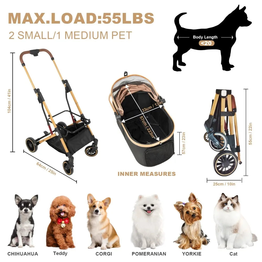 Folding Dog Stroller for Small/Medium Pet, Foldable Pet Travel Carrier for Small/Medium Dog Cat